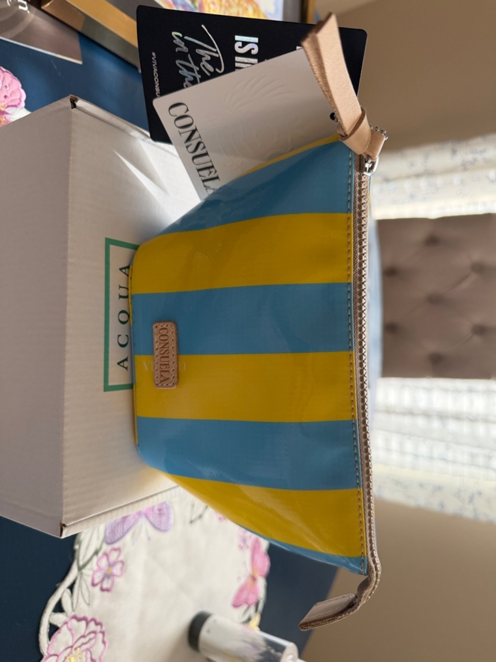 Consuela Yellow and Blue Striped Cosmetic Pouch with Wrist Strap